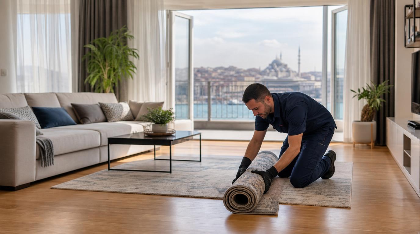 Bayram temizliği için hazırlanmış temiz halı, koltuk ve perdeli İstanbul evi