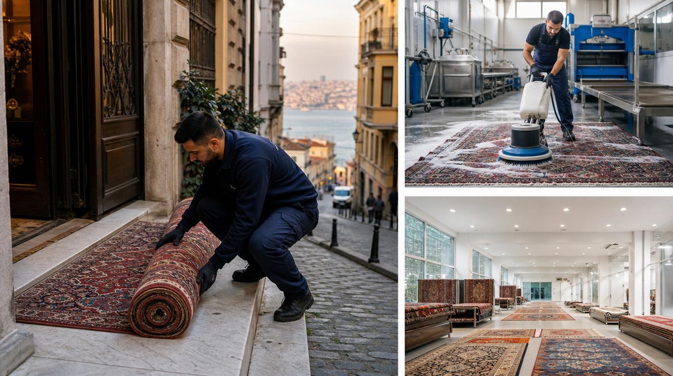 Beyoğlu dar sokağında kapıdan halı alımı yapan Hijyen Halı ekibi