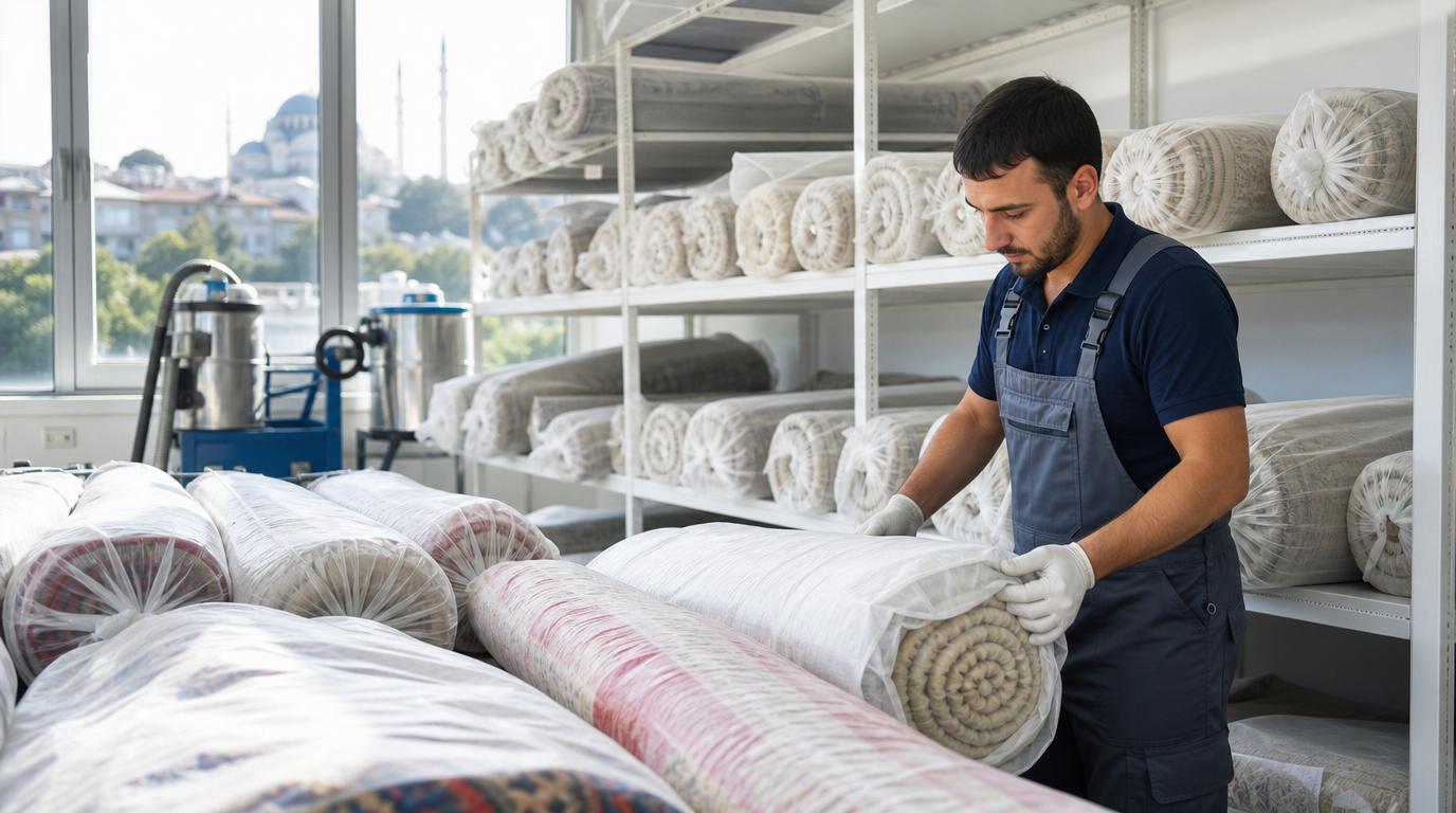 Halı saklama hizmeti için koruyucu kılıflarla güvenle depolanan temiz halılar