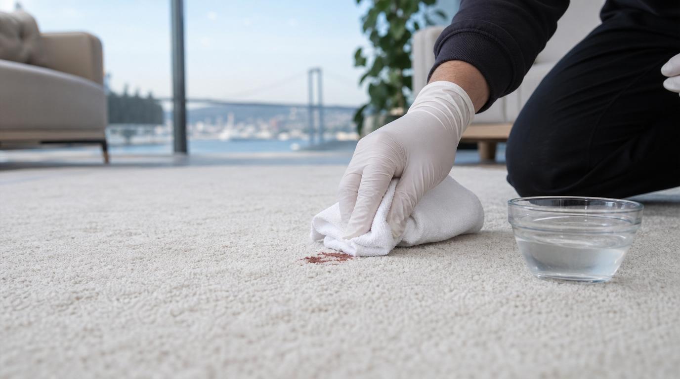 Halıdan kan lekesi çıkarma için soğuk suyla tampon uygulaması