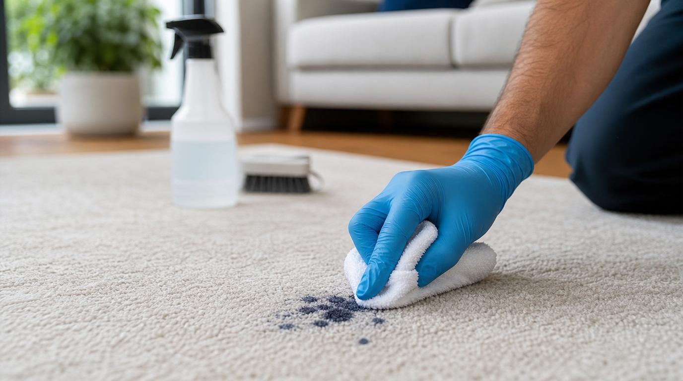 Halıdan mürekkep lekesi çıkarma için beyaz bezle lekeye tampon uygulama