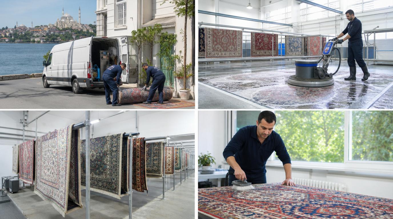 Kadıköy'de modern bir salonda profesyonel bakımı yapılmış patchwork deri halı