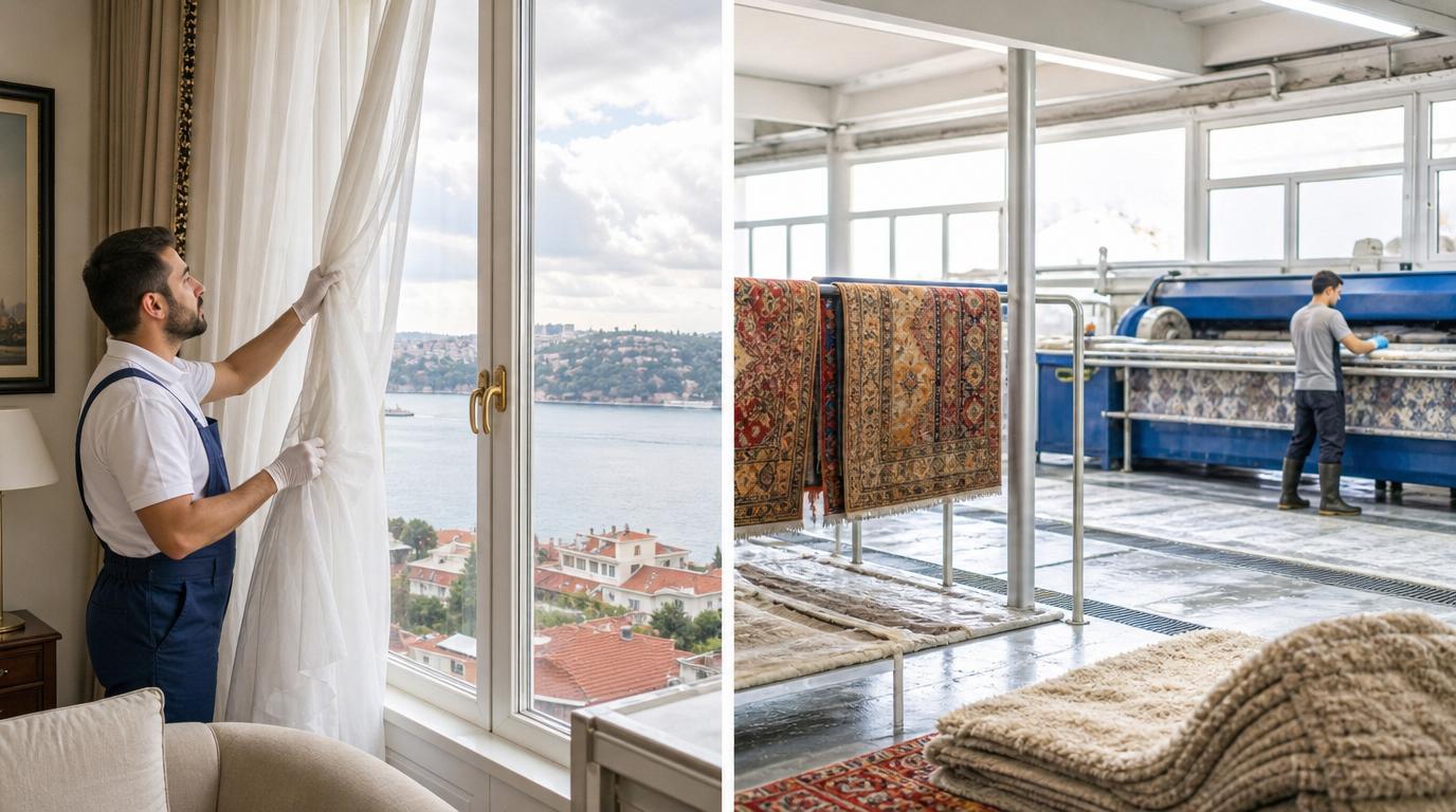 Kadıköy perde yıkama sonrası yerine takılmış tül ve fon perde, Moda sahiline bakan aydınlık salon
