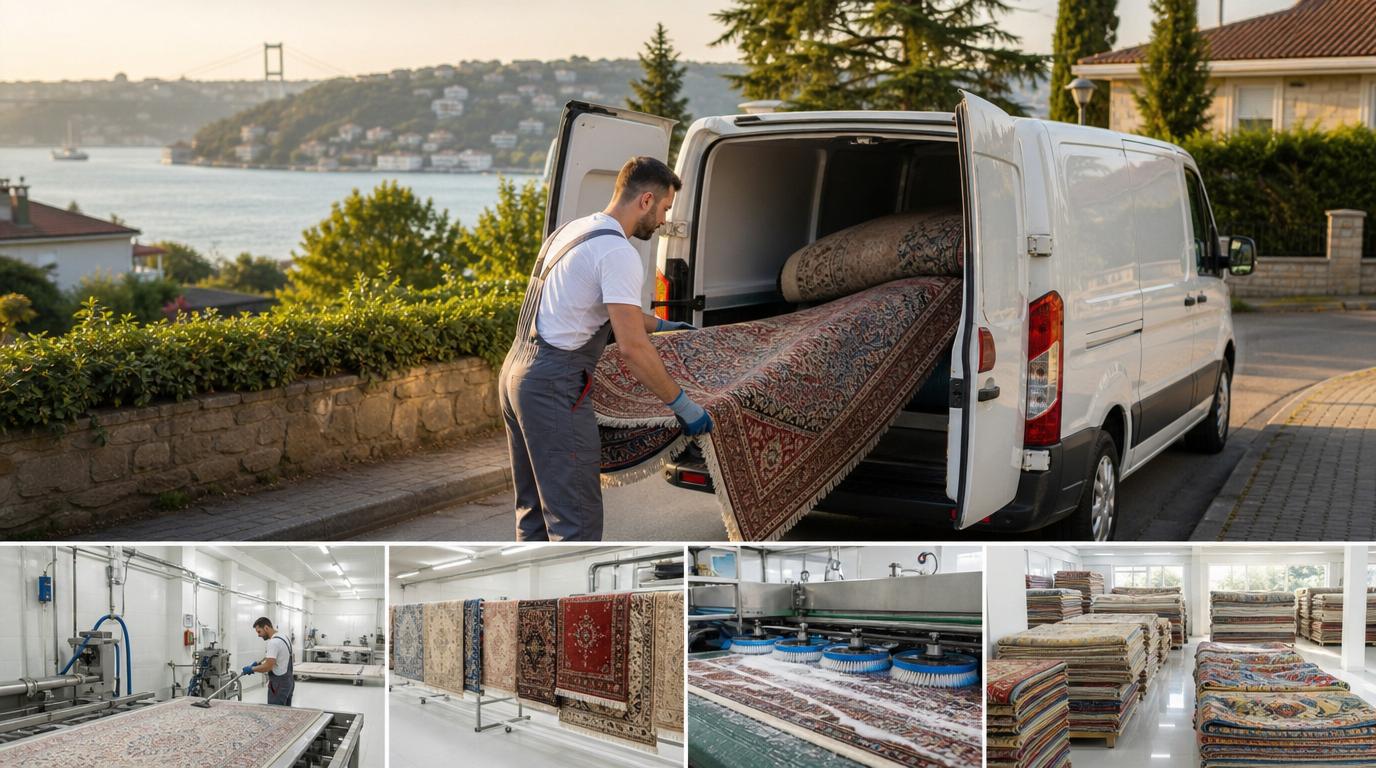 Sarıyer halı yıkama servisi için Boğaz hattında kapıdan halı alan Hijyen Halı ekibi