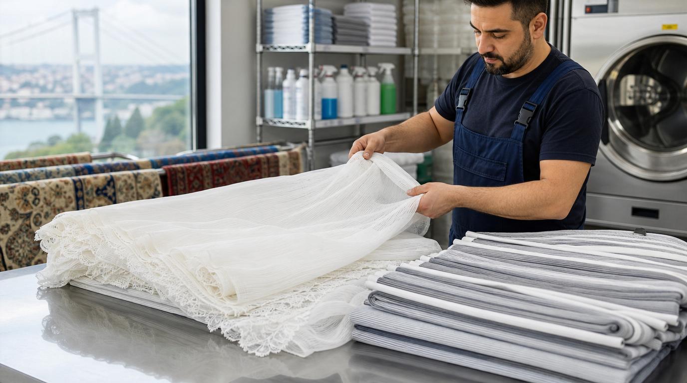 Şişli perde yıkama hizmetinde temizlenmiş tül ve stor perdeler profesyonel tesiste hazırlanıyor