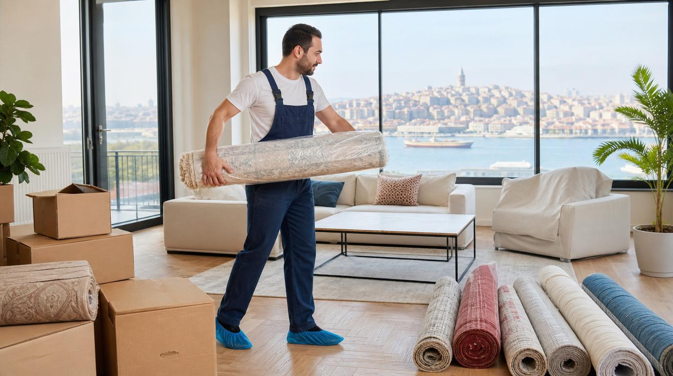 İstanbul’da taşınma halı yıkama için yeni eve götürülmeye hazır temiz halılar